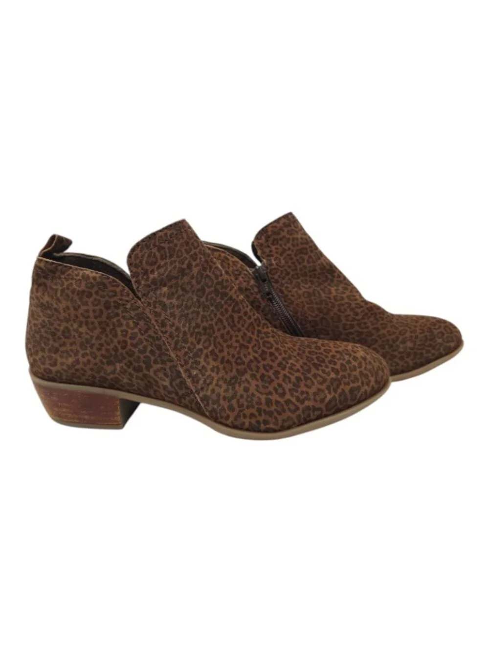 Diba Leopard Print Ankle Boots Womens 8.5 Brown Side Zip Stacked Heel Bootie